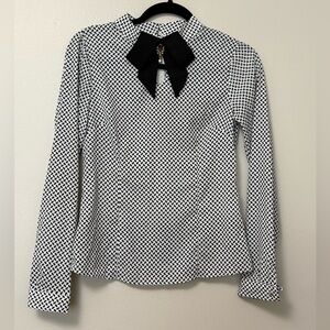 Black and White Patterned Blouse with statement Bow